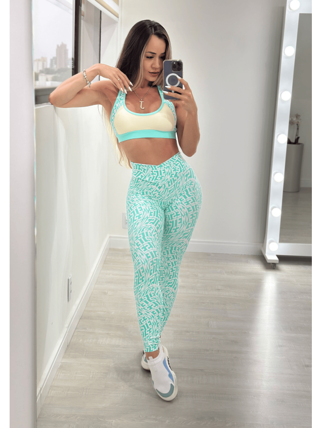 Conjunto Top + Legging Jaspe Logomania Off White e Verde