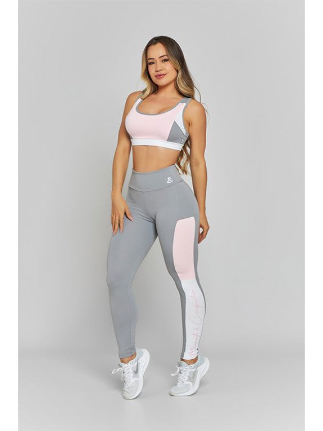 Conjunto Top + Legging M&C Juliane Cinza e Rosa