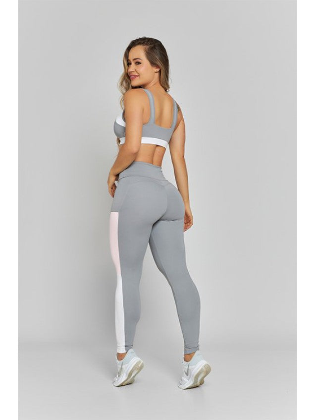 Conjunto Top + Legging M&C Juliane Cinza e Rosa
